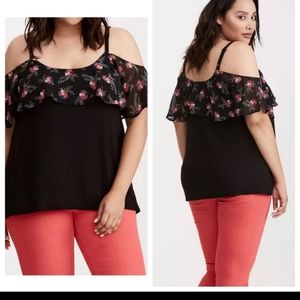 Torrid Black with Floral Chiffon Cold Shoulder Blouse Size 3